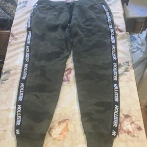 Hollister Green Camo Joggers with Logo Stripes, Size Large